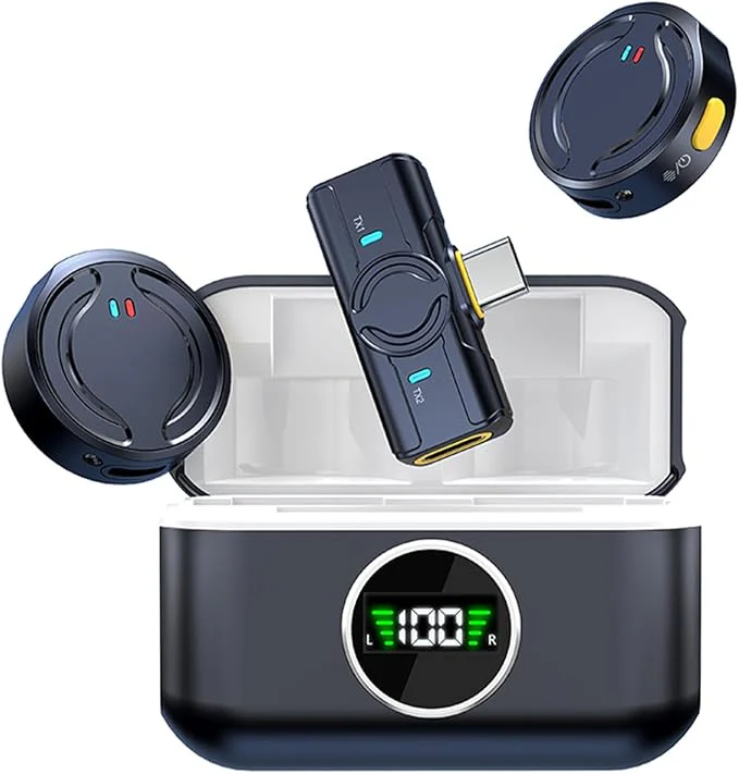 Wireless Microphone with Charging Cabin – Dual Mic for iPhone & Android Recording